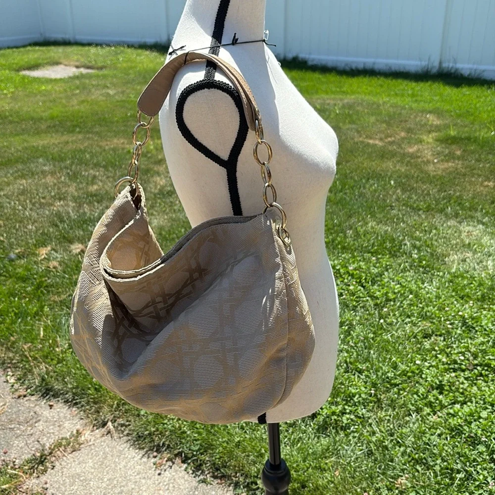 Christian Dior Large Canvas Cannage Beige Hobo Handle Bag Leather Trim Vintage